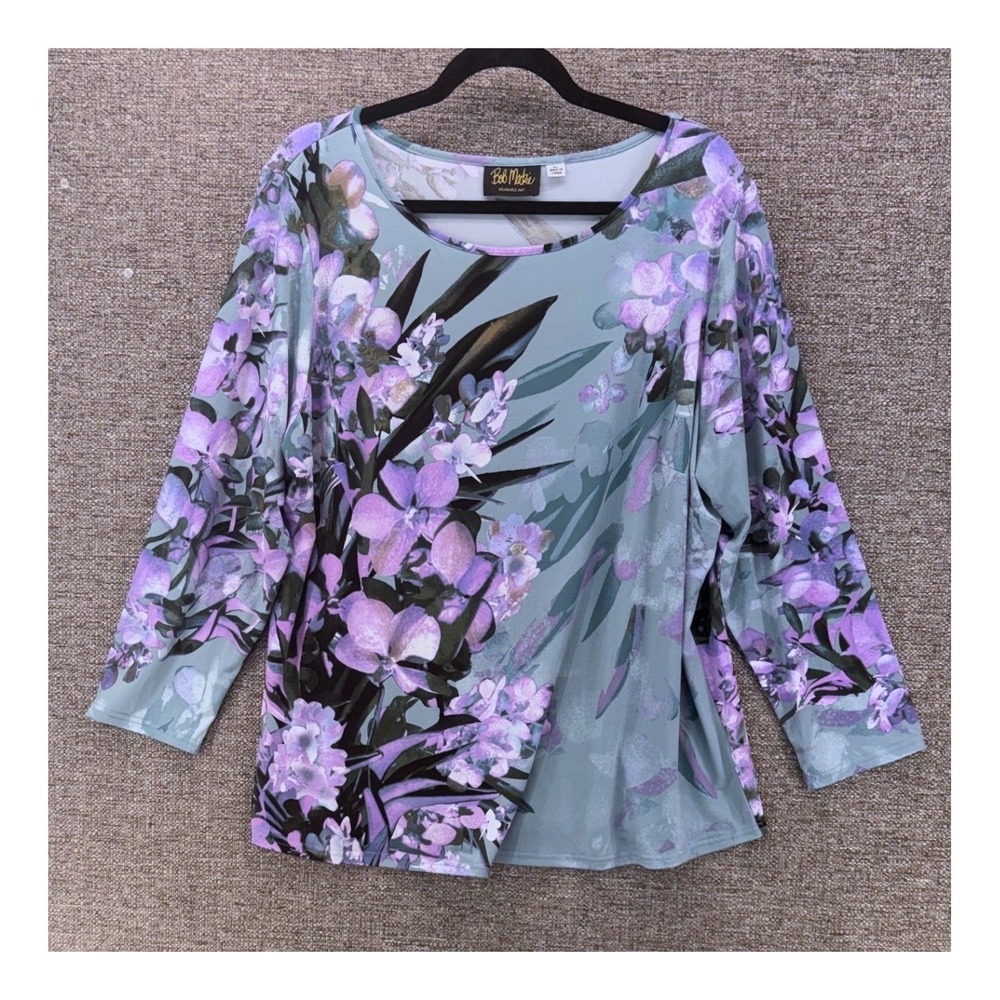 Bob Mackie Top Size XL Teal Orchid Tropical Stretchy Knit Island Vacation Beach